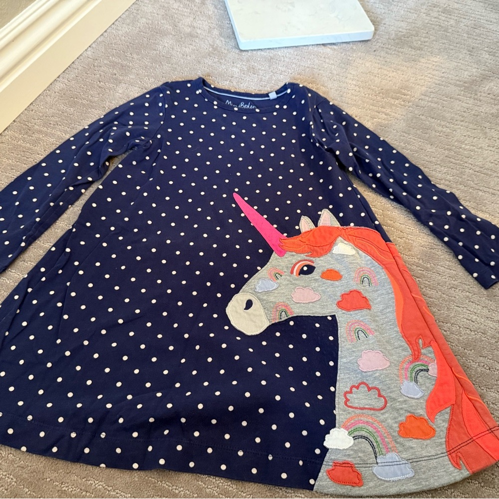 Mini Boden Navy Dress with Unicorn and Polka Dots